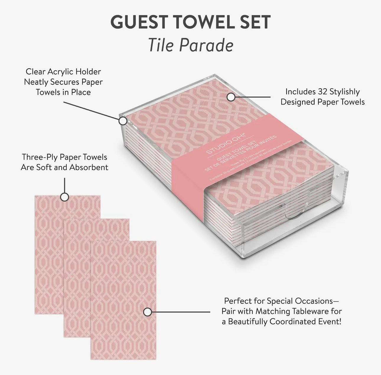 Pink Tile Parade Guest Towel Set with Tray